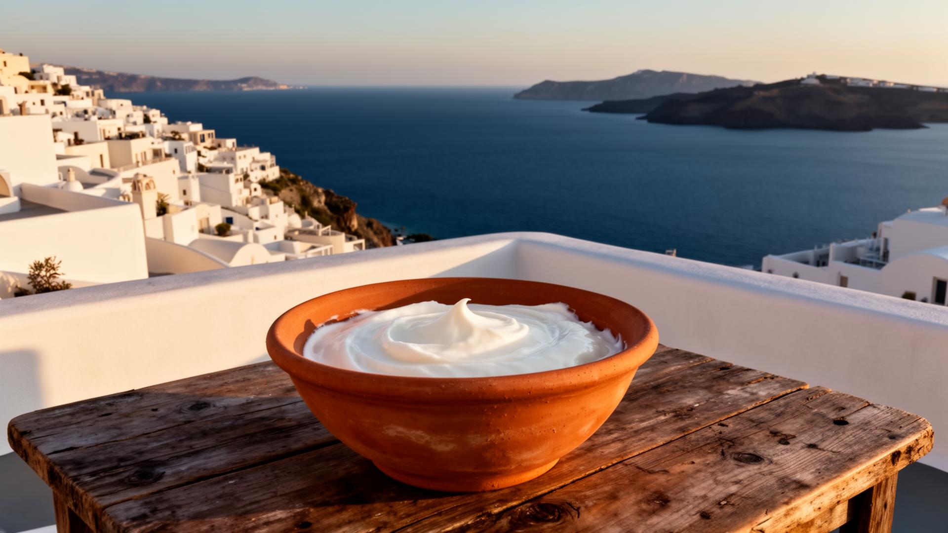 Terraza mediterránea con bowl de yogurt griego al atardecer